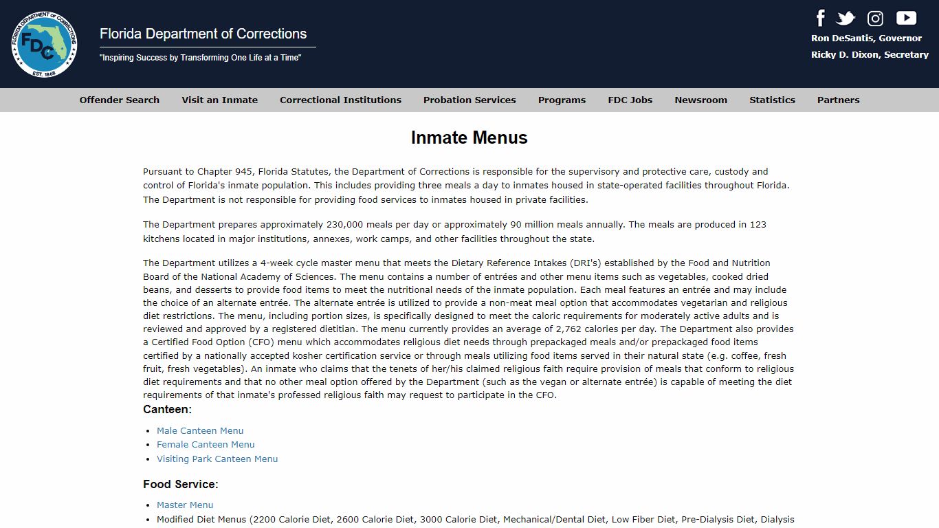 Inmate Menus - Florida Department of Corrections